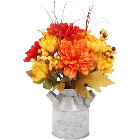 Bouquet artificiel automne - Feuilles érable baies - Pot métal 30x20cm - Décoration intérieure extérieure orange jaune (1/4)