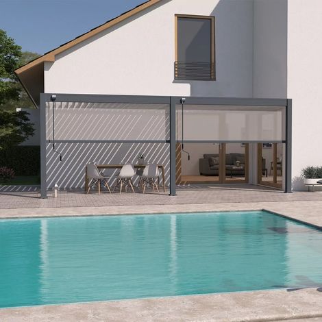 Ombrea – Pergola bioclimatique adossée 3x6M – Aluminium gris anthracite – 2 stores compatibles – Résistance vent 100 km/h – Surface 18 m² (1/3)