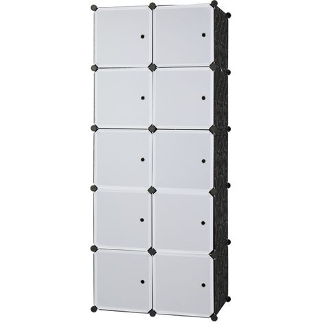 Kleiderschrank, 5 Einlegeböden, 10 Fächer, Maße 35 x 45 cm, mit 1 Kleiderbügel aus Kunststoff und Draht, 72 x 47 x 177 cm, weiße Tür und schwarzer Korpus mit Muster. (1/5)