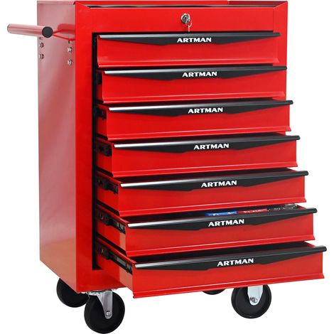 Servante d’atelier roulante à 7 tiroirs, coffre à outils verrouillable avec coulisses à billes, 4 roues dont 2 freinées, rouge et noir CHICFURN (1/5)