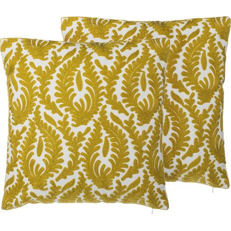 Conjunto de cojines decorativos de algodón amarillo con un tono caqui patrón de hoja 45 x 45 cm decoración moderna floral Primula (1/5)