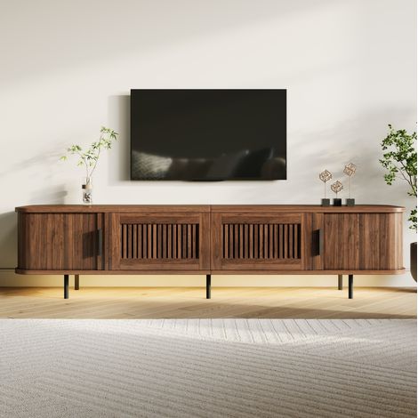 Mobile TV 180x40x44.5 cm, con luci LED APP, ante scorrevoli, cassetti con griglia, MDF e PB, colore noce (1/5)