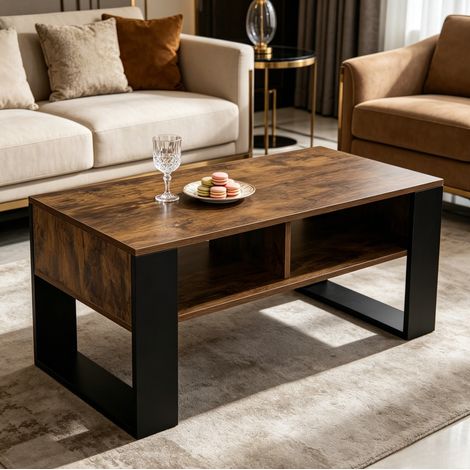 Mesa de centro rectangular 90 cm, negra y marrón, efecto rústico, con 2 nichos abiertos (1/5)
