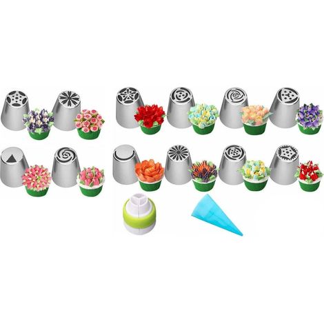 Ensemble de 14 douilles russes complètes pour la décoration de gâteaux et de pâtisseries, avec glaçage floral et douilles en acier inoxydable. (1/5)