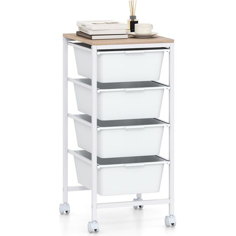Tour de Rangement à 4 Tiroirs Plastique, Desserte à Roulettes avec Cadre Métallique, Organisateur Mobile, 37x32,5x71 cm, Blanc (1/5)