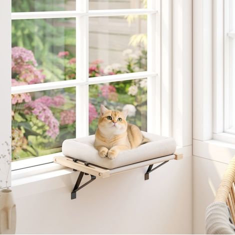 Panier chat suspendu 50x36x24 cm en bois blanc, support réglable, gain de place – MEUBLIV (1/5)