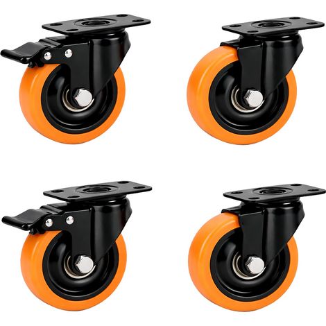Ruedas giratorias Relaxdays, juego de 4, 50 mm, 400 kg, con freno, placa acero, plástico, carga pesada, negro/naranja