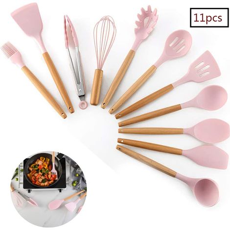 Ensemble d'ustensiles de cuisine 11 pièces en silicone avec manche en bois et seau de rangement inclus, rose, idéal pour la cuisine (1/5)