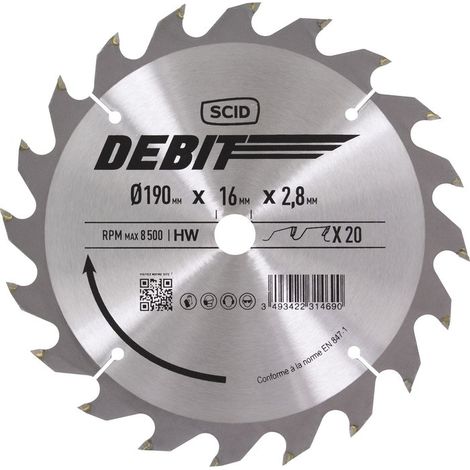 Lame de scie circulaire au carbure 190mm – 20 dents – Alésage 16mm – Épaisseur 2,8mm – Pour bois dur et teck – Scid
