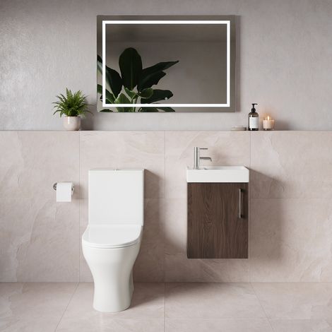 Napoli Cube Brown Oak 400mm Single Door Wall Mounted Vanity Unit and Jubilee Toilet Suite with Align Basin - 400mm - Chrome 160mm Handle