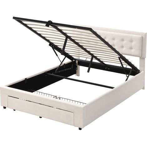 Letto Contenitore Letto Matrimoniale, 2 Cassetti e Testiera Regolabile, 140×190 cm, senza Materasso, Velluto Beige (1/5)