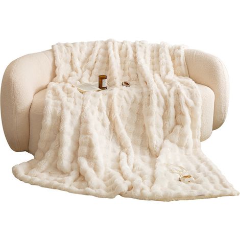 1 Couverture,fausse fourrure,polyester,blanc,douce et chaude,150x220 cm,salon chambre (1/5)