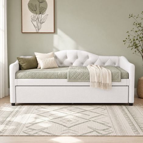 Lit gigogne 90x200 cm en tissu beige, gain de place pour chambre, sans matelas FloraGrace (1/5)