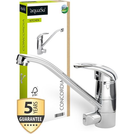 'aquaSu® Spültischarmatur mit Geräteanschluss Concordia, Einhebelmischer mit Wasserspar-Kartusche, Wasserhahn für Spüle, Auslauf schwenkbar, Standard-Befestigung, Messingkern, chrom, 796019 (1/5)
