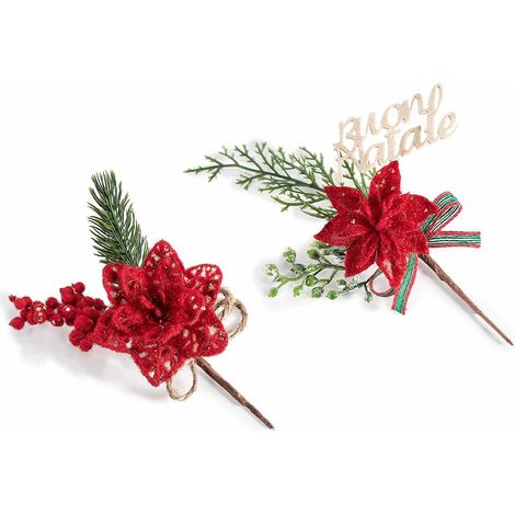 Rametti pick con pino, Stella di Natale in feltro, bacche e scritta Buon Natale, set da 24 pezzi, cm 15 H (con gambo 23)
