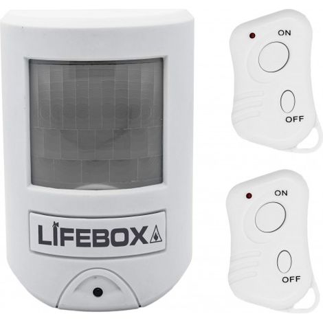 Alarme anti-intrusion à détection de mouvement – 2 télécommandes – 105 dB – Angle de détection 90° vertical et 140° horizontal – Portée 7 mètres – Lifebox