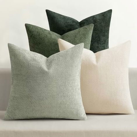 Fundas de almohada navideñas de chenilla de 45 x 45 cm, color verde neutro, estilo rústico y bohemio, compatibles con rellenos de almohada cuadrados estándar.
