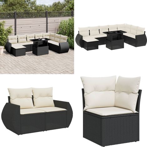 Salon de jardin 9 pcs avec coussins noir résine tressée - Salon De Jardin - Meuble Extérieur - Set Salon - Résine Tressée - Mobilier De Jardin - Home & Living (1/5)