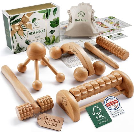 Kit de massage en bois de qualité supérieure [6 pièces] FSC 100% - Outils pour massage des pieds et de la tête - Bouton de déclenchement (1/5)