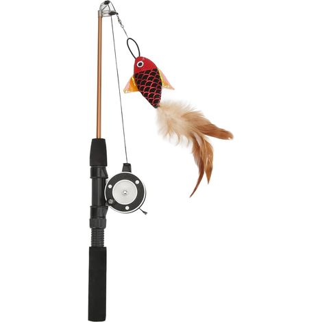 Jouet Chat, Jouets télescopiques de Chat de Canne à pêche de poulie, Jouets de Chat de Canne à pêche sûrs pour Utiliser la Bobine de Main Poisson Rouge + Canne à pêche (1/5)