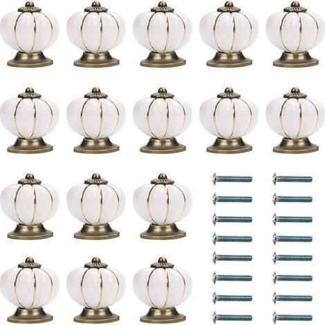 Bouton Ceramique Meuble Blanc et Or avec Vis en Forme de Citrouille (Lot de 16) - 3,6 x 3,8 cm - Bouton de Meuble Rond Vintage - Pour Maison, Bureau, Armoire de Cuisine, Tiroirs et Placard (1/5)