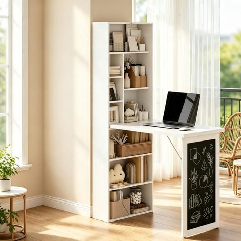 Bureau mural pliable 98x51x153 cm en MDF et bois, blanc et noir, rangement gain de place – MEUBLIV (1/5)