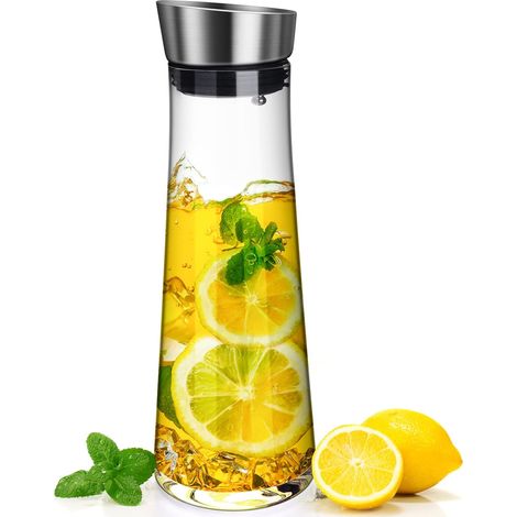 Carafe Eau, Carafe en verre de 1000 ml, Cruche en Verre avec Capuchons de filtre en acier inoxydable pour Thé Glacé, Boisson, Eau Chaude, Vin, Café, Lait et Jus, Transparent (1/5)