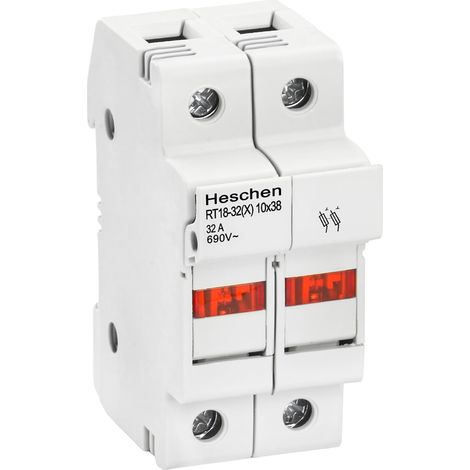 Cylindrical Fuse Holder Base RT18-32(X) 32A AC690V,2P, DIN Mounting Rail for RT18 RO15 10x38mm Fuse (1/5)