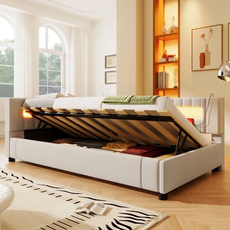 Cama tipo sofá con almacenaje hidráulico 90x200 cm beige con LED USB y USB-C (1/5)