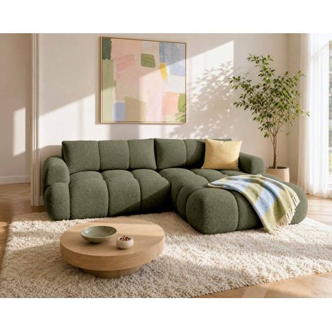 Bestmobilier – Canapé d'angle droit 4 places convertible – Coffre de rangement – Tissu bouclette vert – Dossier rabattable pour couchage occasionnel