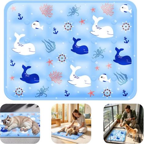 Tapis rafraîchissant à eau pour animaux - coussin de couchage motif animaux marins pour chats, bleu, 40 x 50 cm (1/5)