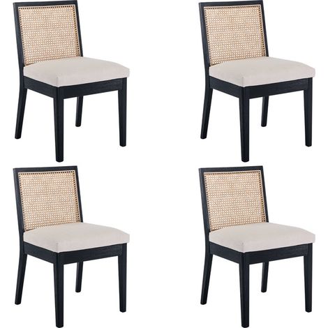 Wahson Lot de 4 Chaises en Lin, Chaises de Salle à Manger en Rotin et Bois Chaise Salle à Manger Rétro en Bois Massif Pour Cuisine, Noir (1/5)