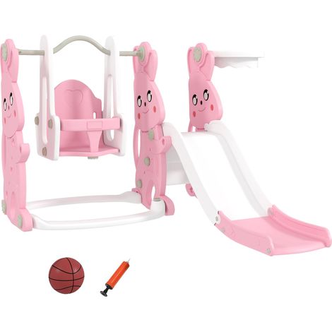 Toboggan et balançoire pour enfants 4 en 1 avec panier de basket, toboggan, balançoire, 147,5x160x107cm, rose (1/5)