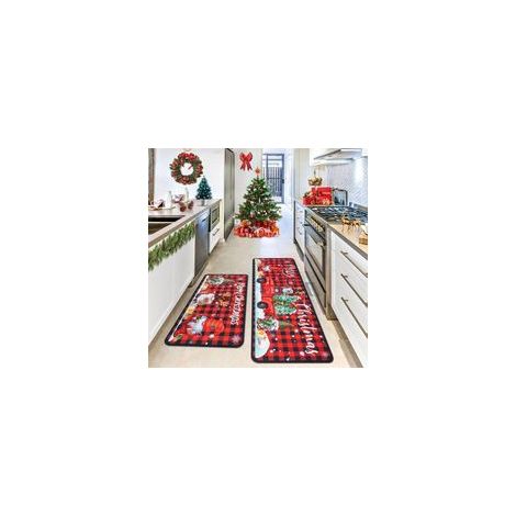 Lot de 2 tapis de cuisine de Noël, motif « Joyeux Noël » – Motif écossais rouge et noir – Décoration de Noël en forme de camion gnome pour sol, salle de bain, salon, entrée 43,2 x 76,2 cm + 43,2 x 119
