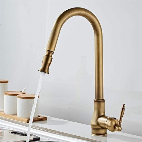 Robinets de Cuisine en Laiton Antique Tirez la tête de pulvérisation Chaude Froide Évier pivotant à 360 degrés Mélangeur d'eau Tirez vers Le Bas Mitigeur Style rétro, Laiton antique (1/5)