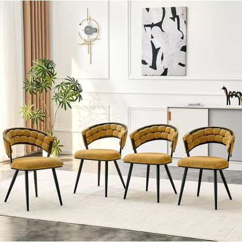 Set de 2 sillas de comedor de terciopelo amarillo con estructura negra, respaldo envolvente y estilo moderno,63x57x77.5cm (1/5)