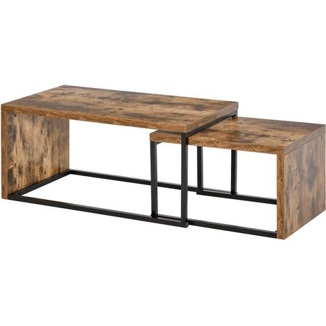Lot de 2 tables gigognes marron et noir en métal, 90x48x42 cm et 59x42x36 cm, ensemble gain de place tendance (1/5)