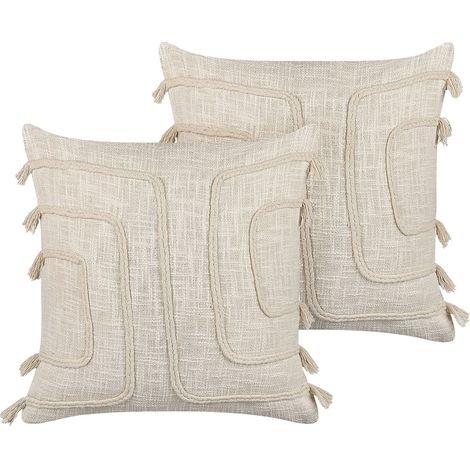 Set of 2 Decorative Cushions PLEIONE Cotton 45 x 45 cm Light Beige Geometric Pattern (1/5)
