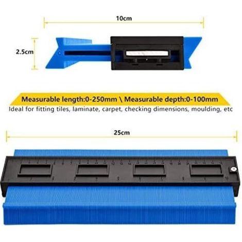 Jauge de Contour 25cm, Duplication de Forme et Profil Irrégulier pour Gabarit de Découpe, Outil de Traçage Professionnel en Plastique ABS pour Parquet Menuiserie (Bleu) (1/3)