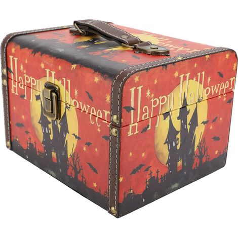 Dekorative Schatztruhe mit gruseligem Spukhaus-Muster, Vintage-Leder-Holz-Aufbewahrungsbox für Festivals, Größe L (22 x 18 x 15 cm / 8,66 x 7,09 x 5,91 Zoll) (1/5)