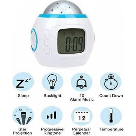 Réveil Projeteur Étoiles - Veilleuse Réveil Avec Thermomètre Et Calendrier - Affichage LED Heure Température Date - Pour Enfants À Partir De 3 Ans - 1 Pièce (1/4)