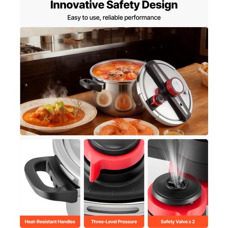 VEVOR Pressure Cooker, 10Qt Pressure Cooker Stainless Steel, Pressures Canner with Steaming Rack, Tempered Glass Lid, Three Pressures Settings for Meat, Beans, Rice, Soup, Sauces, Cook up to 100 kPa (1/4)