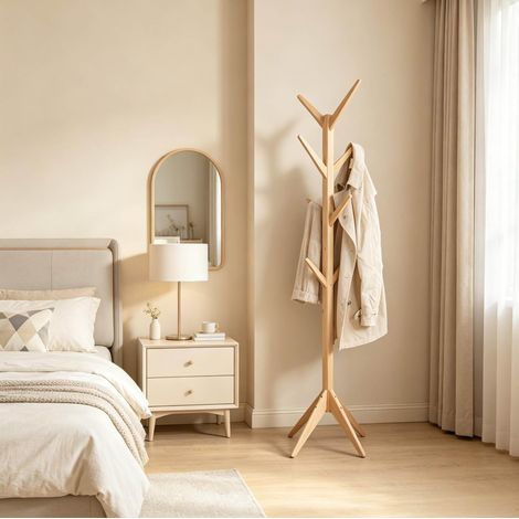Porte-manteau sur pied en bois avec 8 crochets, gain de place, pour entrée, salon, chambre ou bureau, 180 cm, style moderne CHICFURN (1/5)