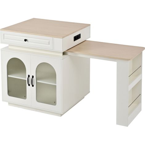 Table à manger blanche extensible avec LED, chargeur USB, roulettes et rangement intégré (1/5)