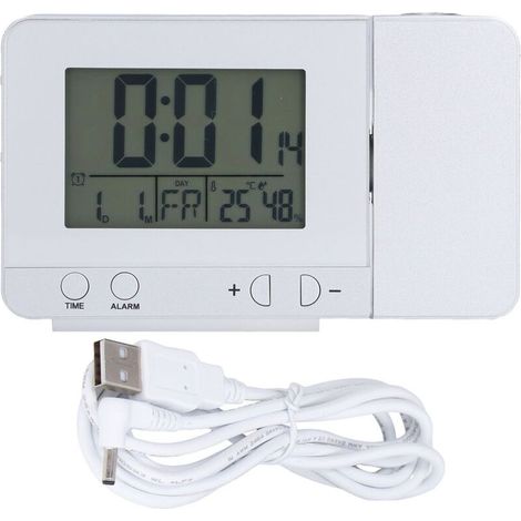 Réveil à Projection, Radio-réveil Numérique avec Projecteur Plafond Rotatif à 180° avec Station Météo, Thermomètre sans Fil, Répétition D'alarme Double, Chargeur Téléphone USB, 4 Modes Lumino (1/5)