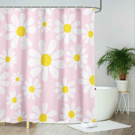 Rideau de douche Daisy rose Décor de bain avec fleurs blanches mignonnes En polyester durable et imperméable avec 12 crochets 180 x 180 cm (1/5)