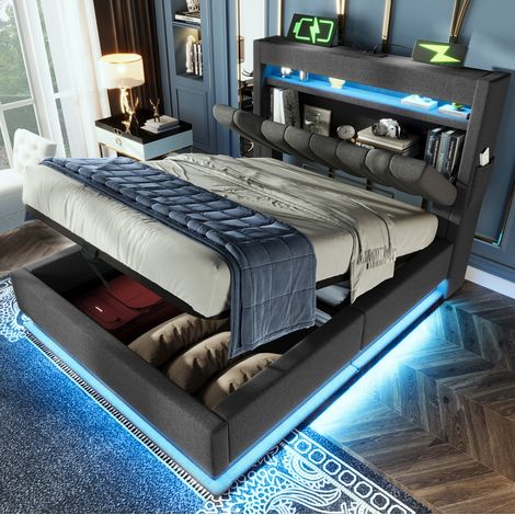 Lit simple 90 x 200 cm capitonné en lin gris avec LED, USB et grand rangement (1/5)