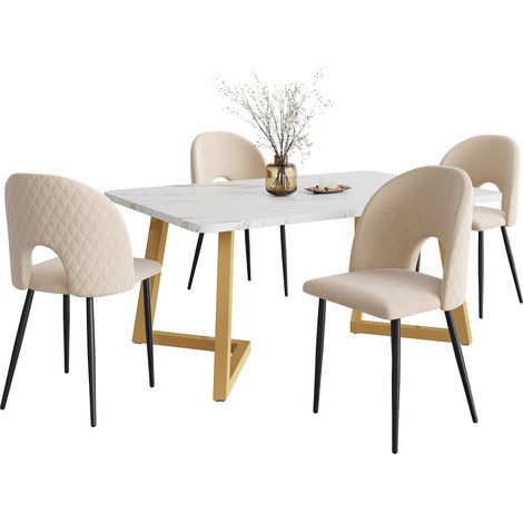 CAIziTable à manger 117x68 cm avec 4 chaises en velours beige, pieds dorés (1/5)