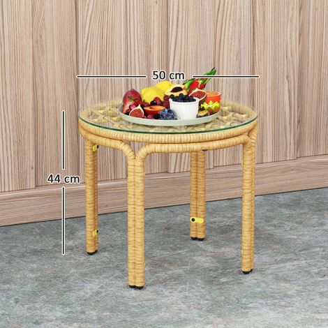 Table d'appoint ronde en polyrotin avec plateau en verre, table de chevet, table de jardin, mobilier de jardin, table basse, console pour salon, jardin, terrasse, balcon, Ø50 cm, jaune