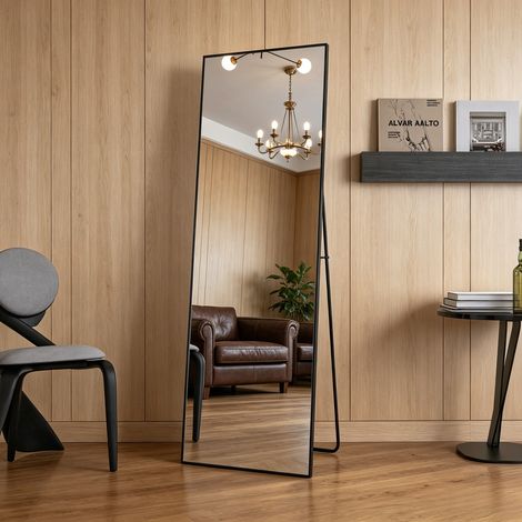 Miroir carré 165×60cm, miroir pleine longueur, verre trempé haute définition, miroir sur pied peut être fixé au mur, support réglable, miroir sur pied multi-scènes, cadre en alliage d'aluminium,Noir